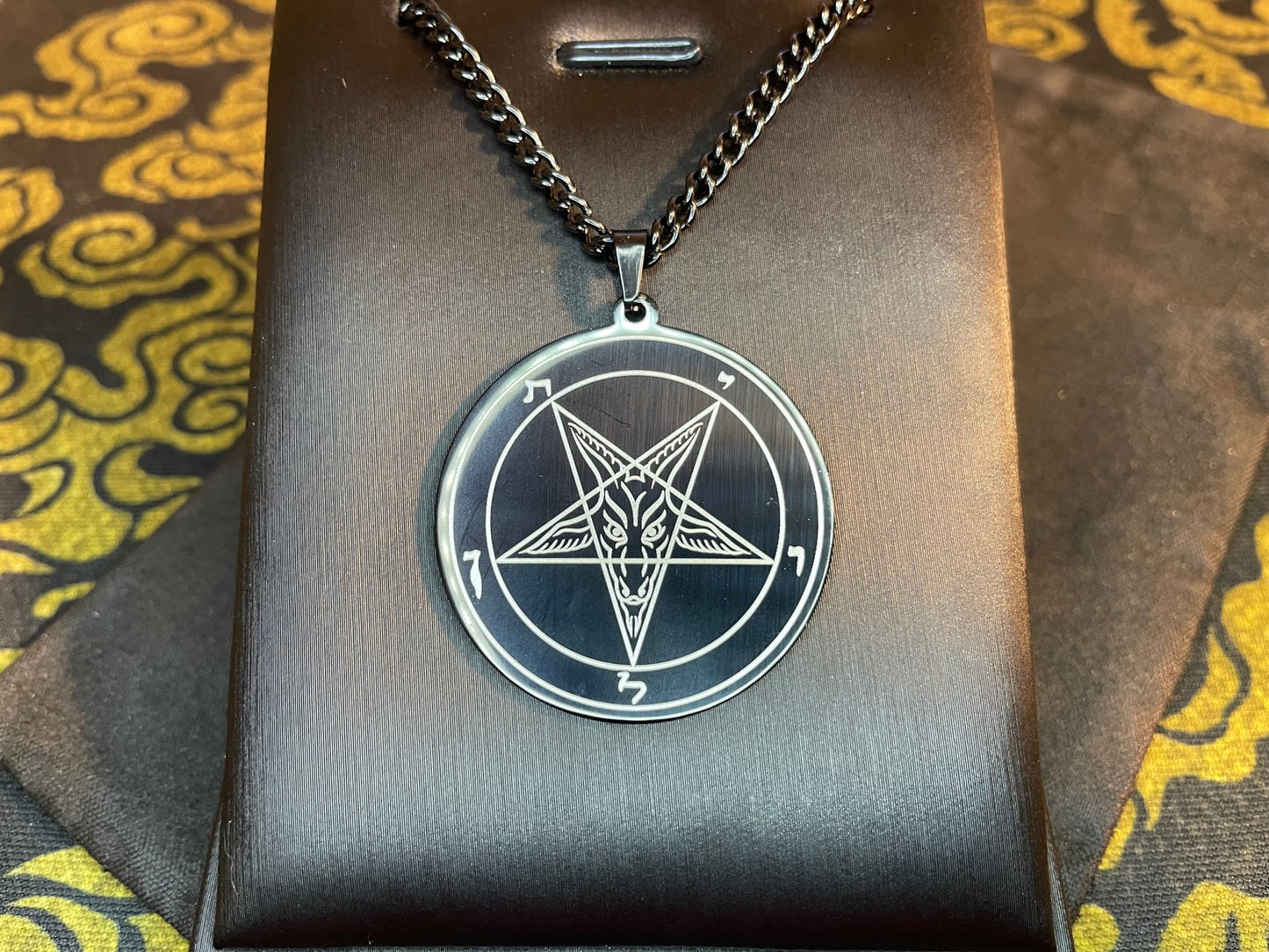 Sigil of Baphomet Official Church of Satan Inverted Upside Down Pentagram Necklace Pagan Wiccan Satanic Occult Jewelry Gift - Black & Gold