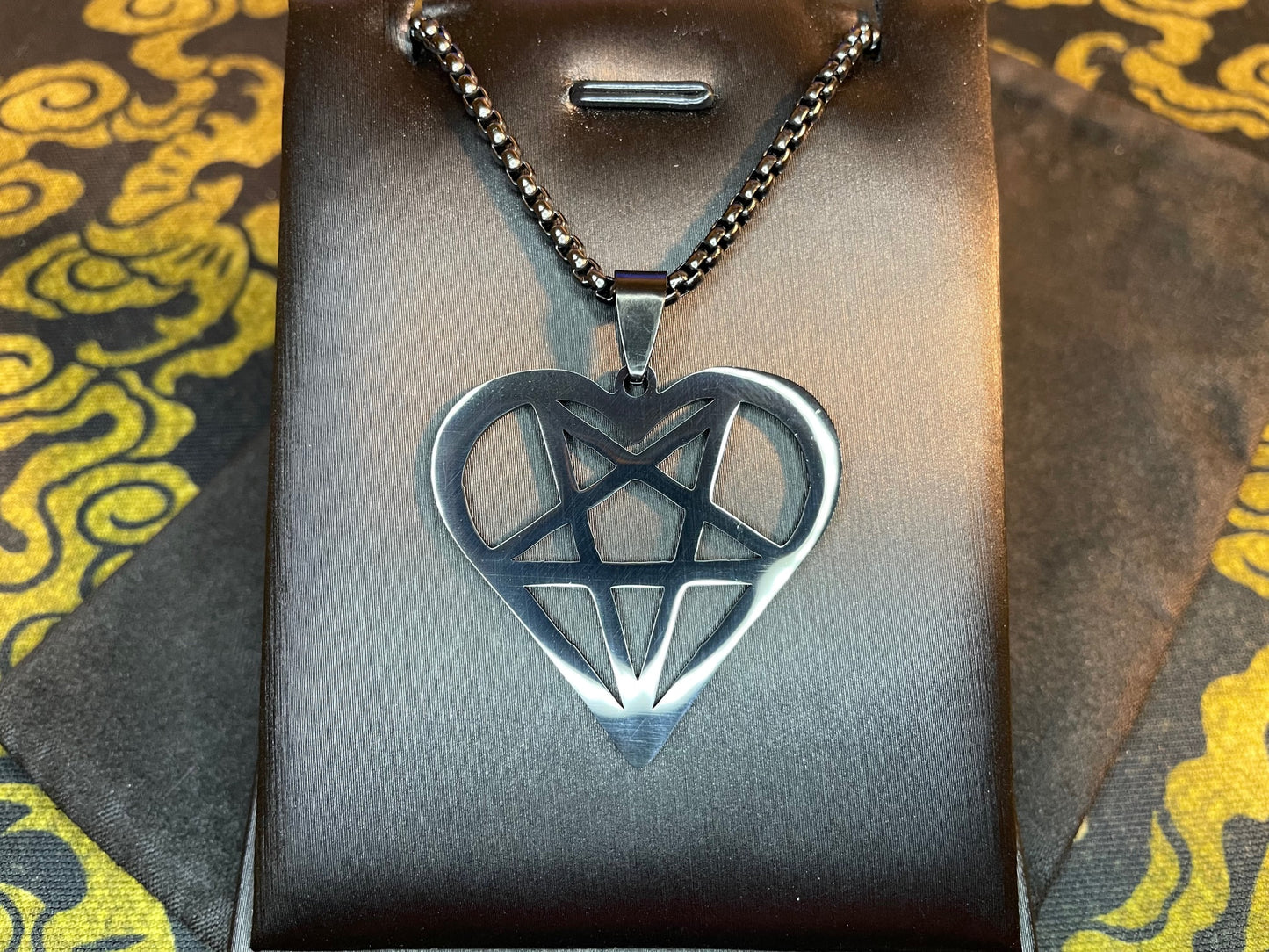 Satan's Heart Inverted Pentagram Feminine Masculine Duality Stainless Steel Pendant Necklace Gothic Wiccan Pagan Satanic Jewelry - Black