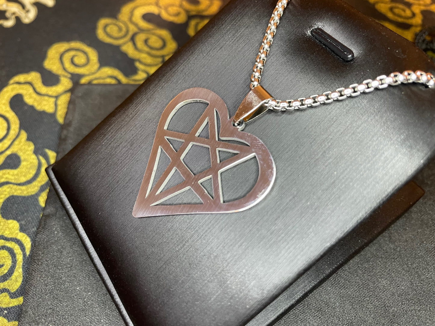 Satan's Heart Inverted Pentagram Feminine Masculine Duality Stainless Steel Pendant Necklace Gothic Wiccan Pagan Satanic Jewelry - Silver