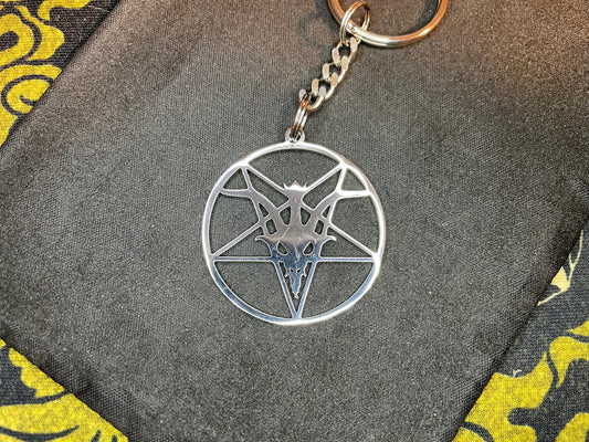 Official Satanic Temple Sigil of Baphomet Inverted Pentagram Stainless Steel Pendant Keychain Gothic Pagan Church of Satan - Silver Color