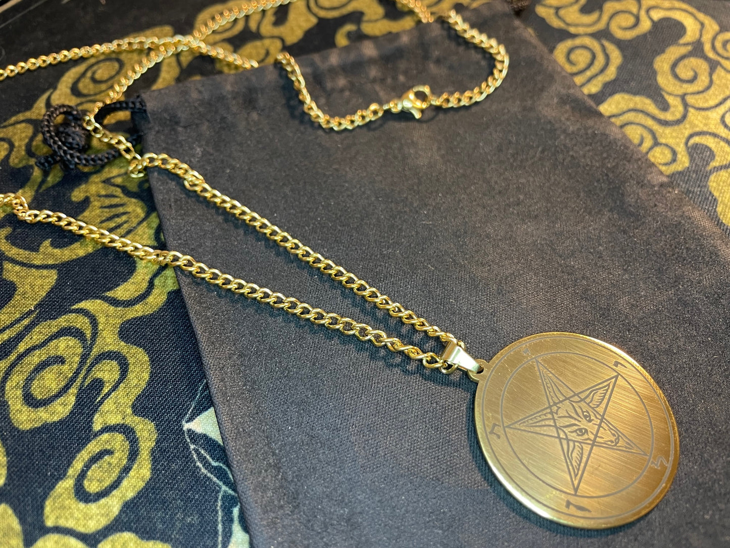 Sigil of Baphomet Official Church of Satan Inverted Upside Down Pentagram Necklace Pagan Wiccan Satanic Occult Jewelry Gift - Gold & Black