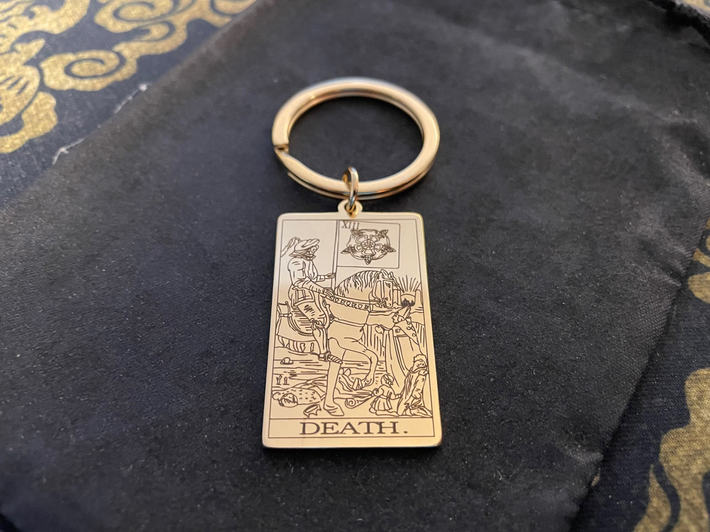 Death Tarot Card Keychain Rider Waite Deck Laser Engraved Stainless Steel Pendant Gothic Pagan Wiccan Satanic Occult Accessory Gift - Gold