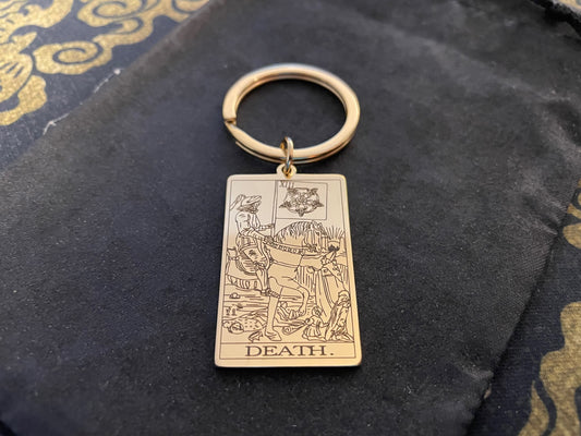 Death Tarot Card Keychain Rider Waite Deck Laser Engraved Stainless Steel Pendant Gothic Pagan Wiccan Satanic Occult Accessory Gift - Gold