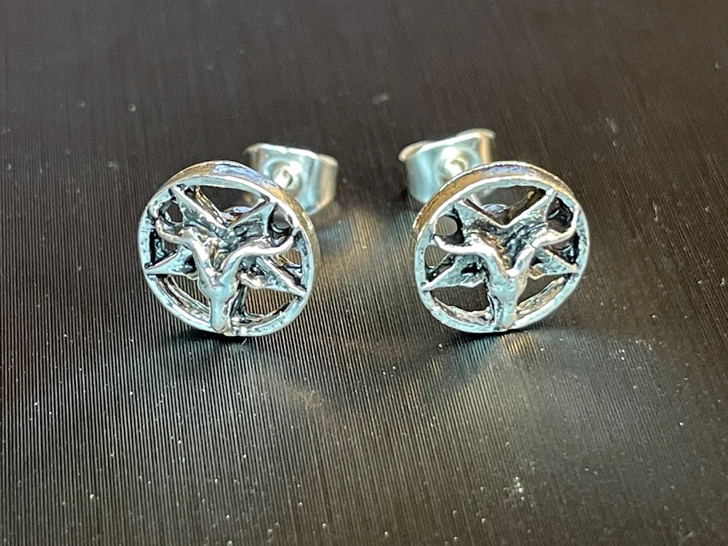 Sterling Silver Baphomet Pentagram Earrings 925 Biker Punk Stud Sigil Goat Minimalist Gothic Satanic Church Wiccan Pagan Occult Jewelry Gift