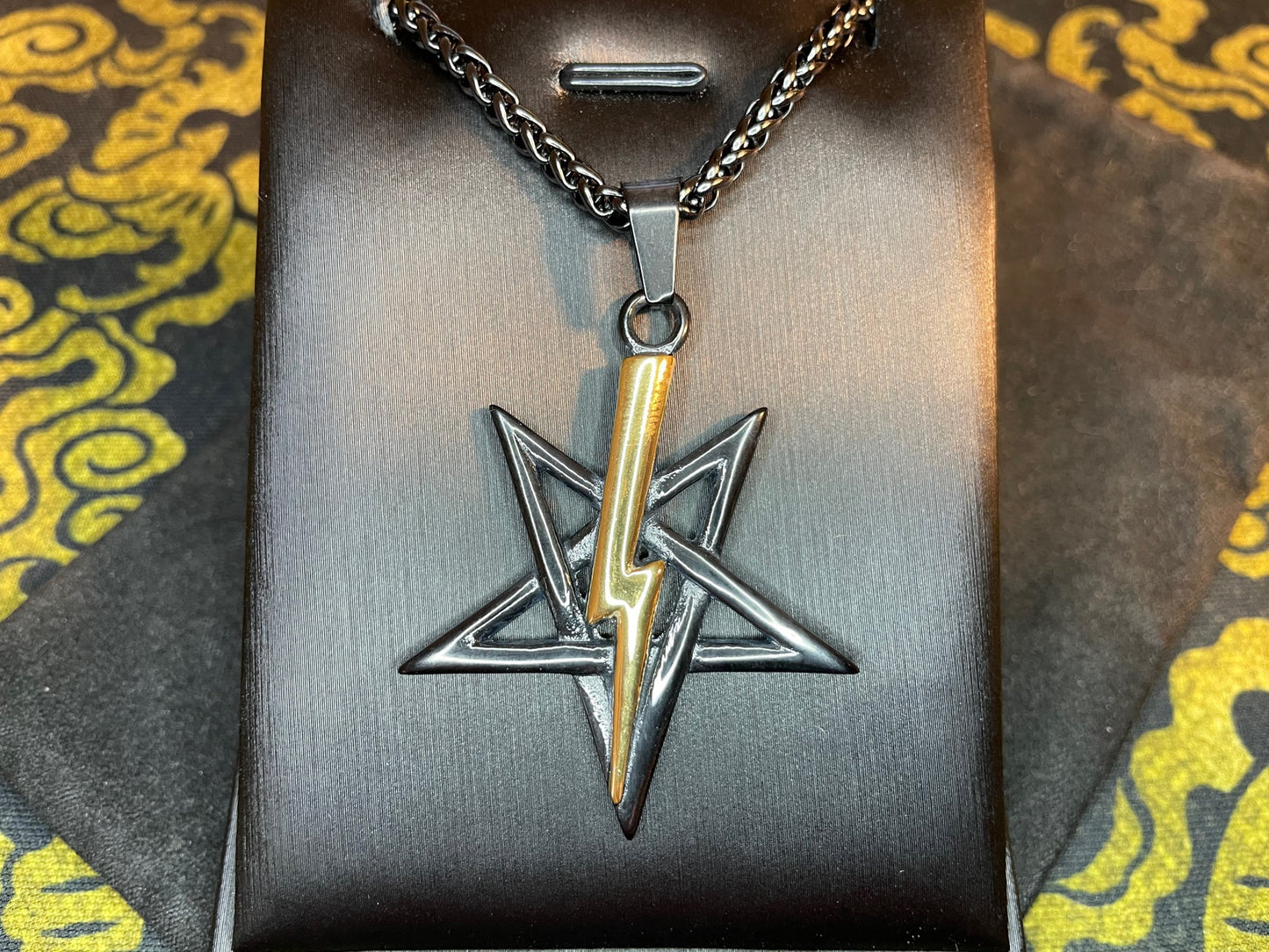 Anton LaVey Pentagram Church of Satan Lightning Bolt Stainless Steel Pendant Necklace Satanic Wicca Pagan Occult Jewelry Gift - Black & Gold