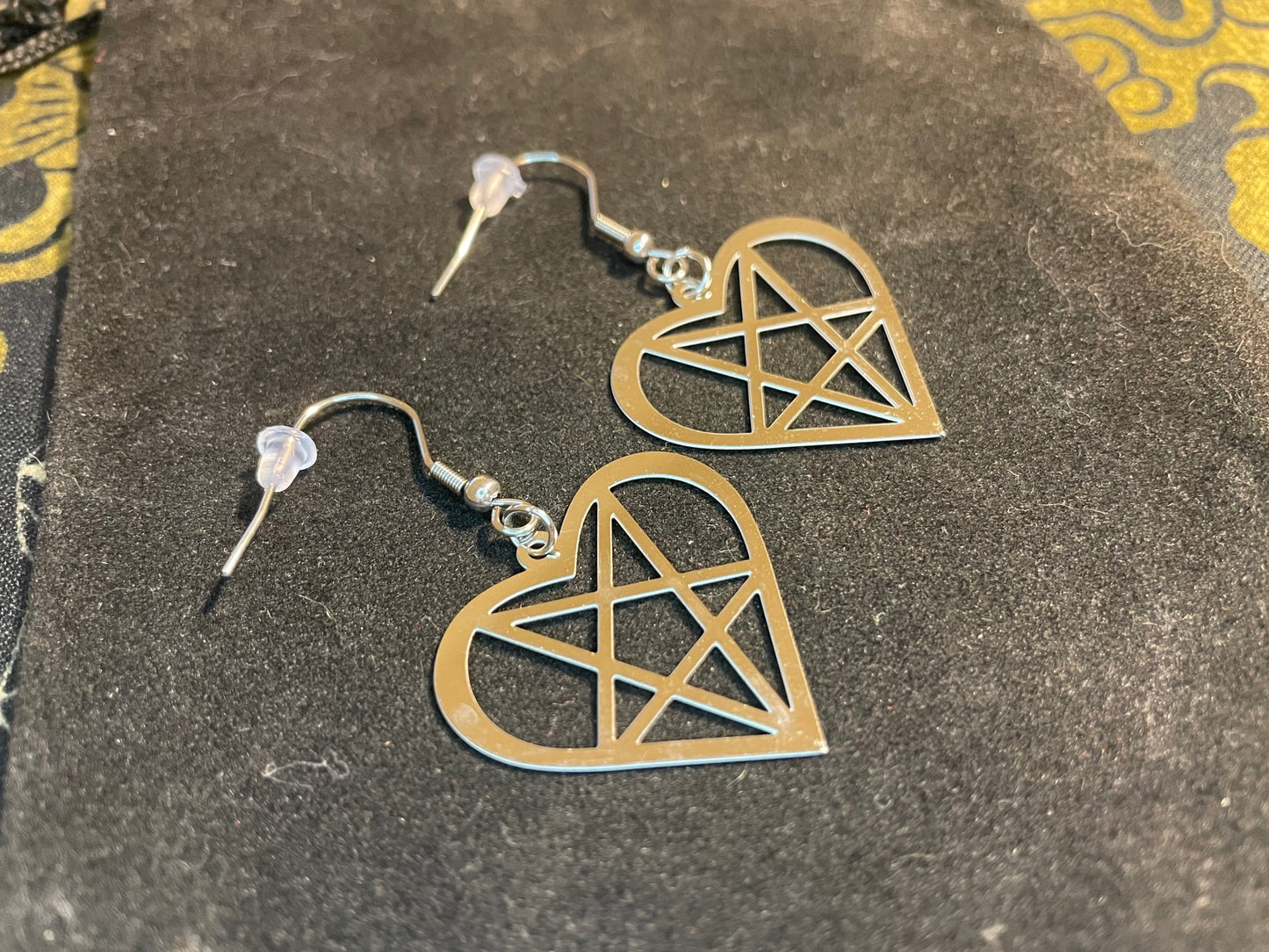 Satan's Heart Heartagram Inverted Pentagram Upside Down Stainless Steel Pendant Earrings Gothic Pagan Satanic Wiccan Best Gift - Silver