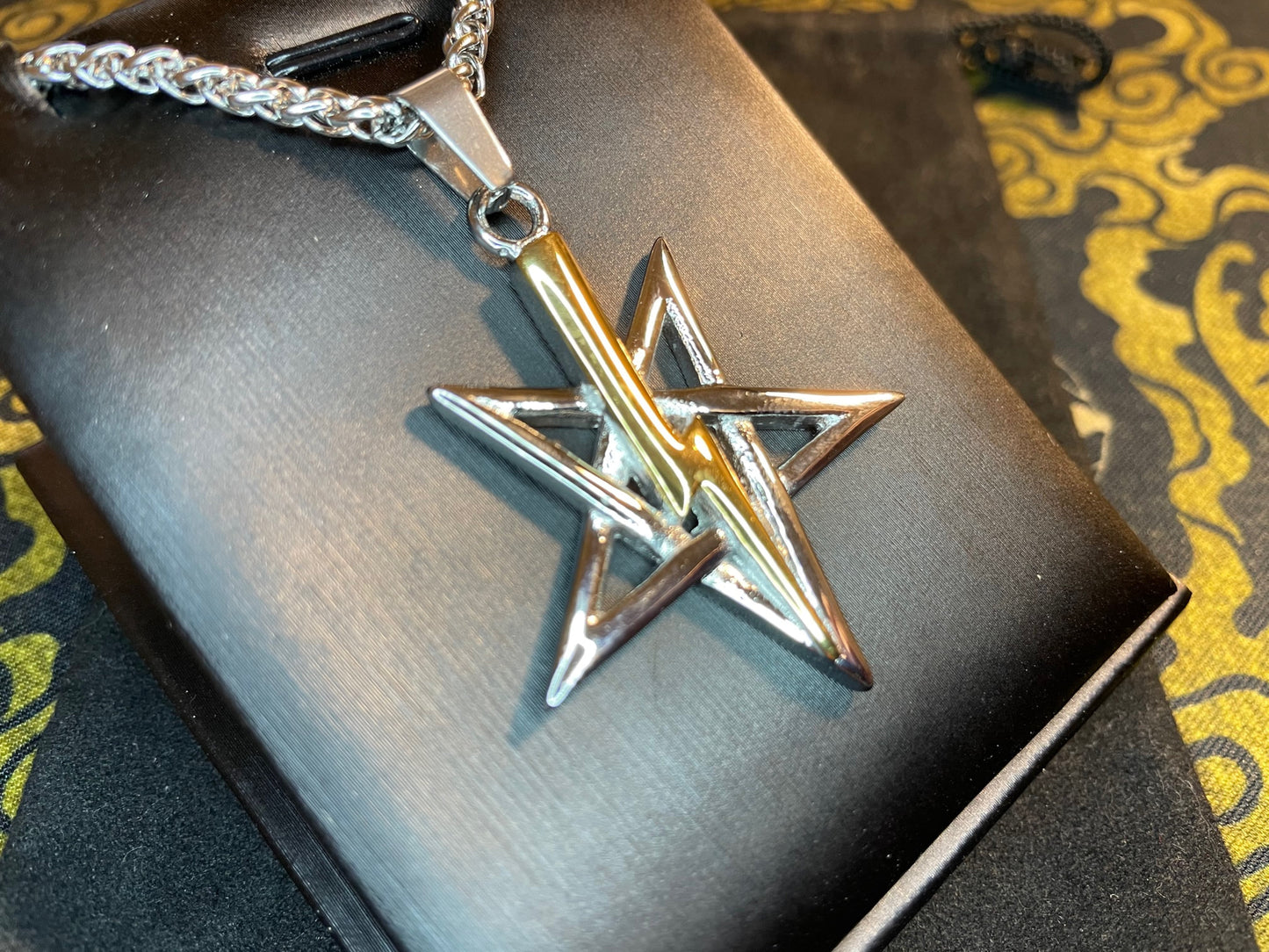 Anton LaVey Pentagram Church of Satan Lightning Bolt Stainless Steel Pendant Necklace Satanic Wiccan Occult Jewelry Gift - Silver & Gold