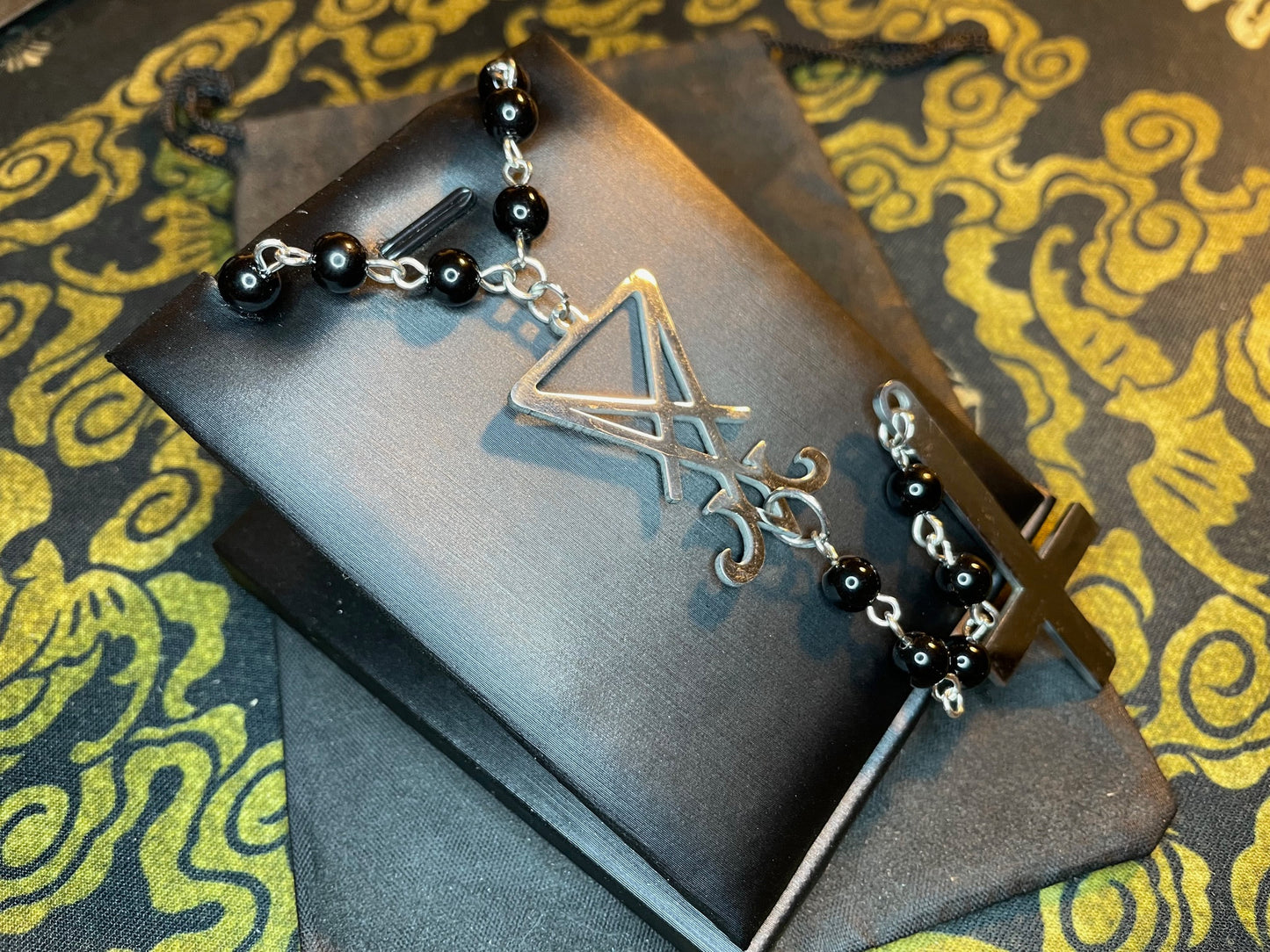 Satanic Rosary Sigil of Lucifer Upside Down Cross Inverted Pendant Necklace Small Bead Pagan Wiccan Occult Jewelry Gift - Silver & Black