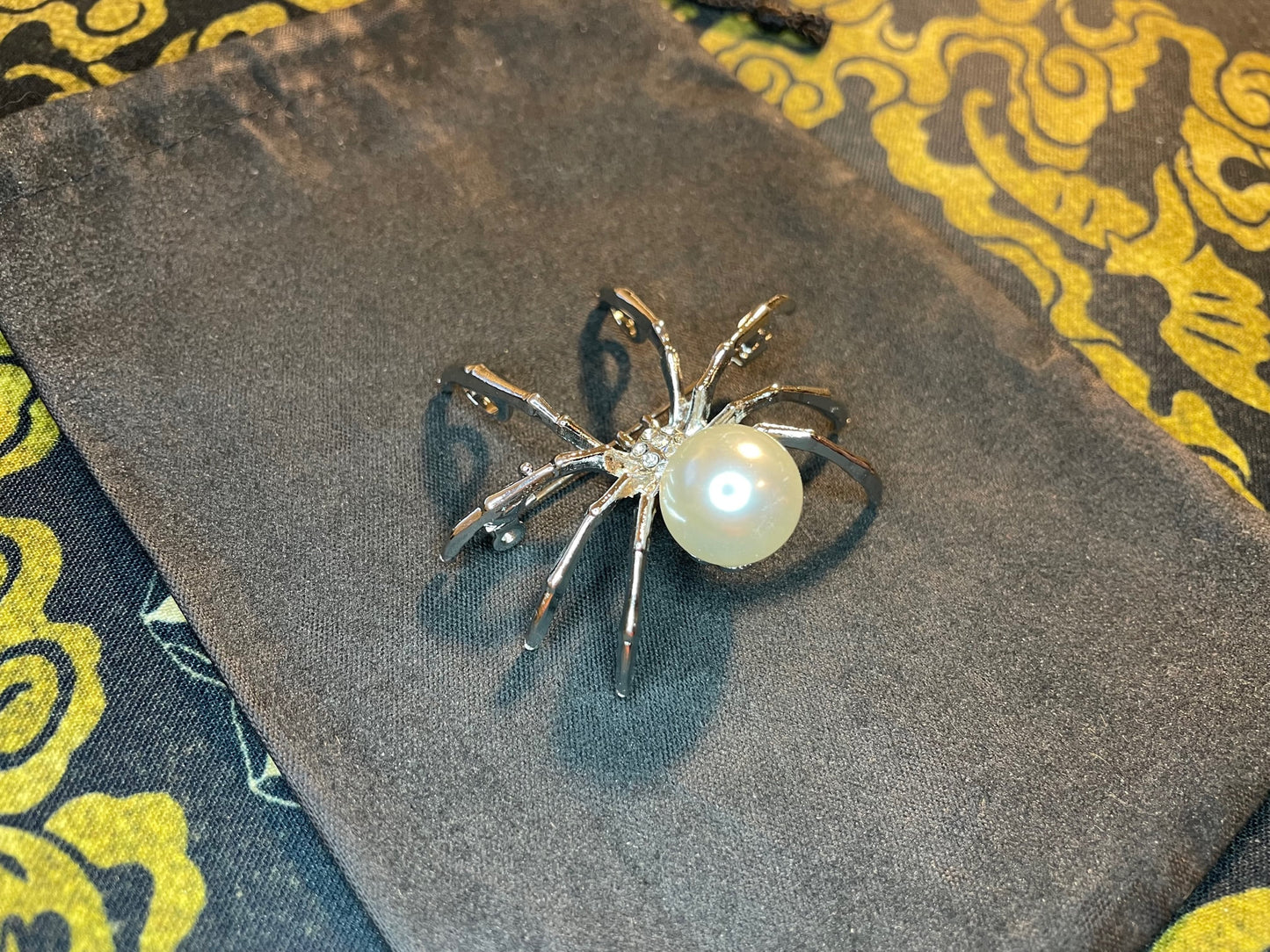 White Pearl Diamond Encrusted Venomous Widow Spider Web Stainless Steel Lapel Pin Brooch Corsage Satanic Gothic Pagan Wiccan Gift - Silver