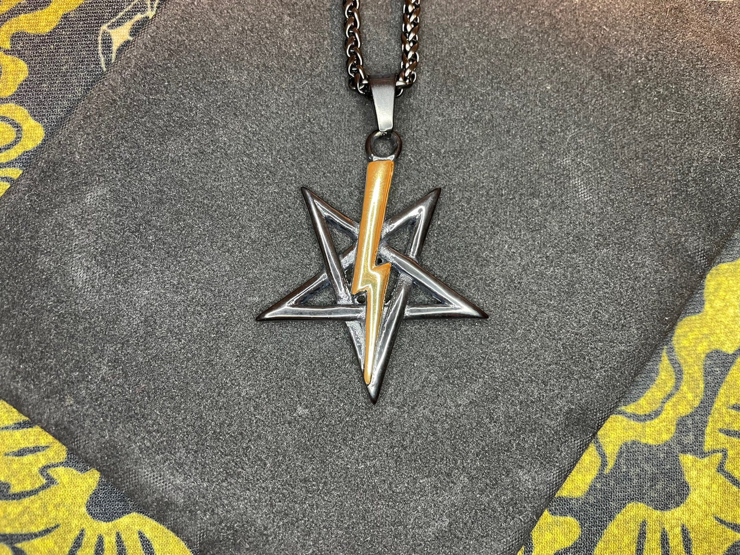 Anton LaVey Pentagram Church of Satan Lightning Bolt Stainless Steel Pendant Necklace Satanic Wicca Pagan Occult Jewelry Gift - Black & Gold