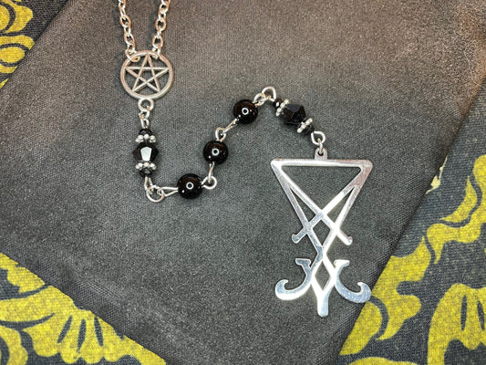 Satanic Rosary Small Beads Pentacle Pentagram Sigil of Lucifer Pendant Witchcraft Magic Pagan Wiccan Occult Necklace - Silver & Black Color