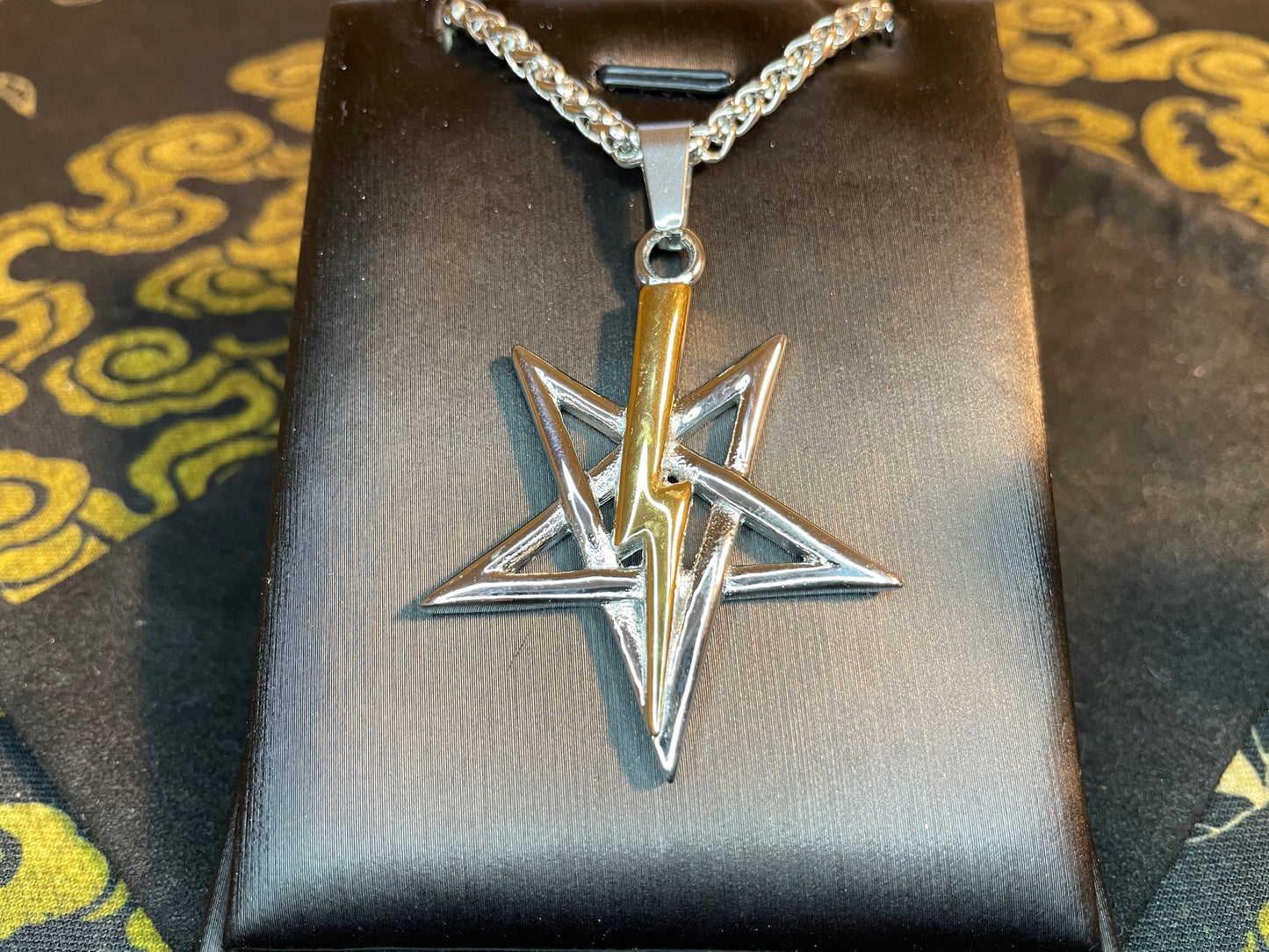 Anton LaVey Pentagram Church of Satan Lightning Bolt Stainless Steel Pendant Necklace Satanic Wiccan Occult Jewelry Gift - Silver & Gold