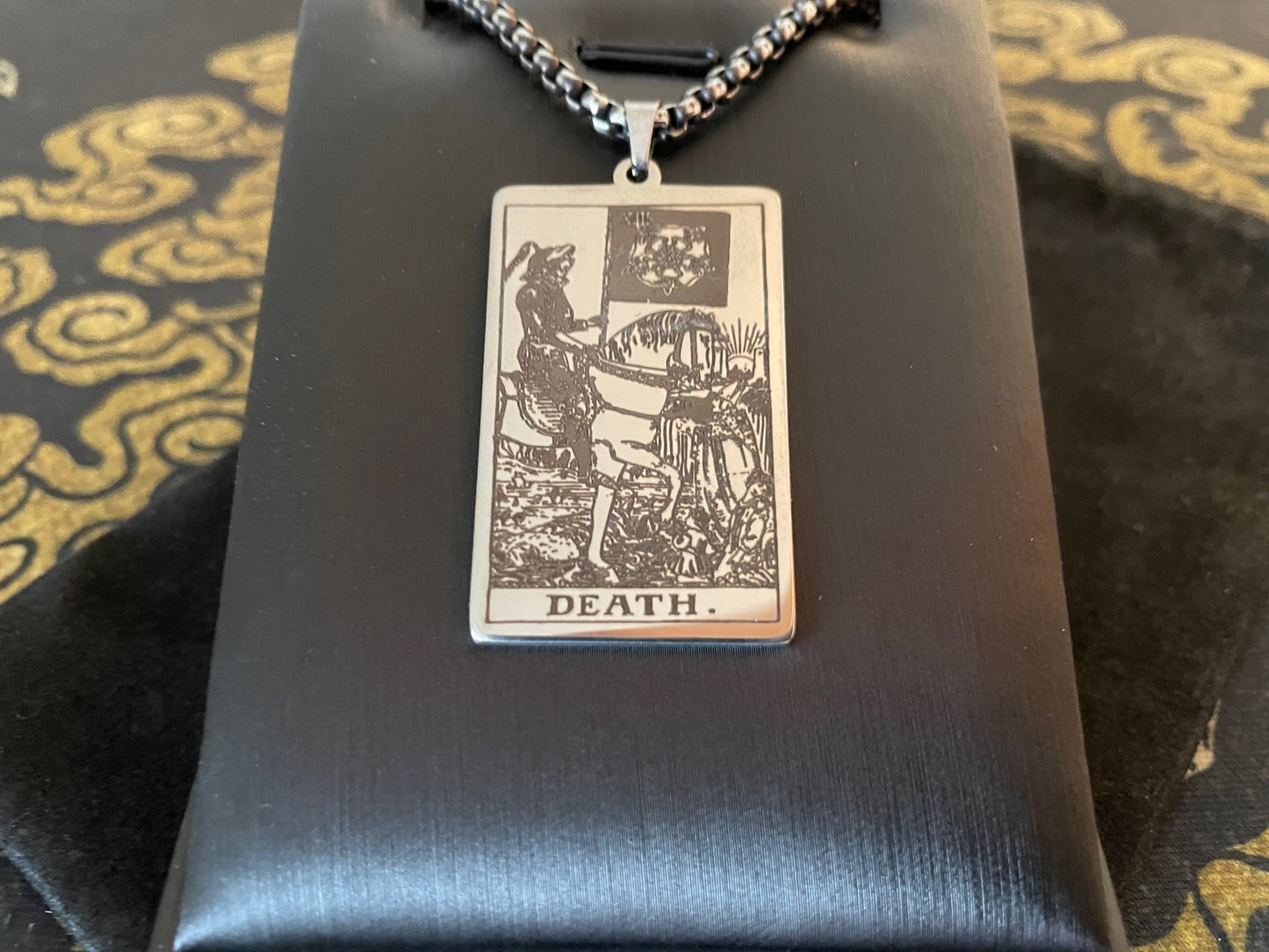 Death Tarot Card Necklace Rider Waite Deck Laser Engraved Stainless Steel Pendant Gothic Pagan Wiccan Satanic Occult Accessory Gift - Silver