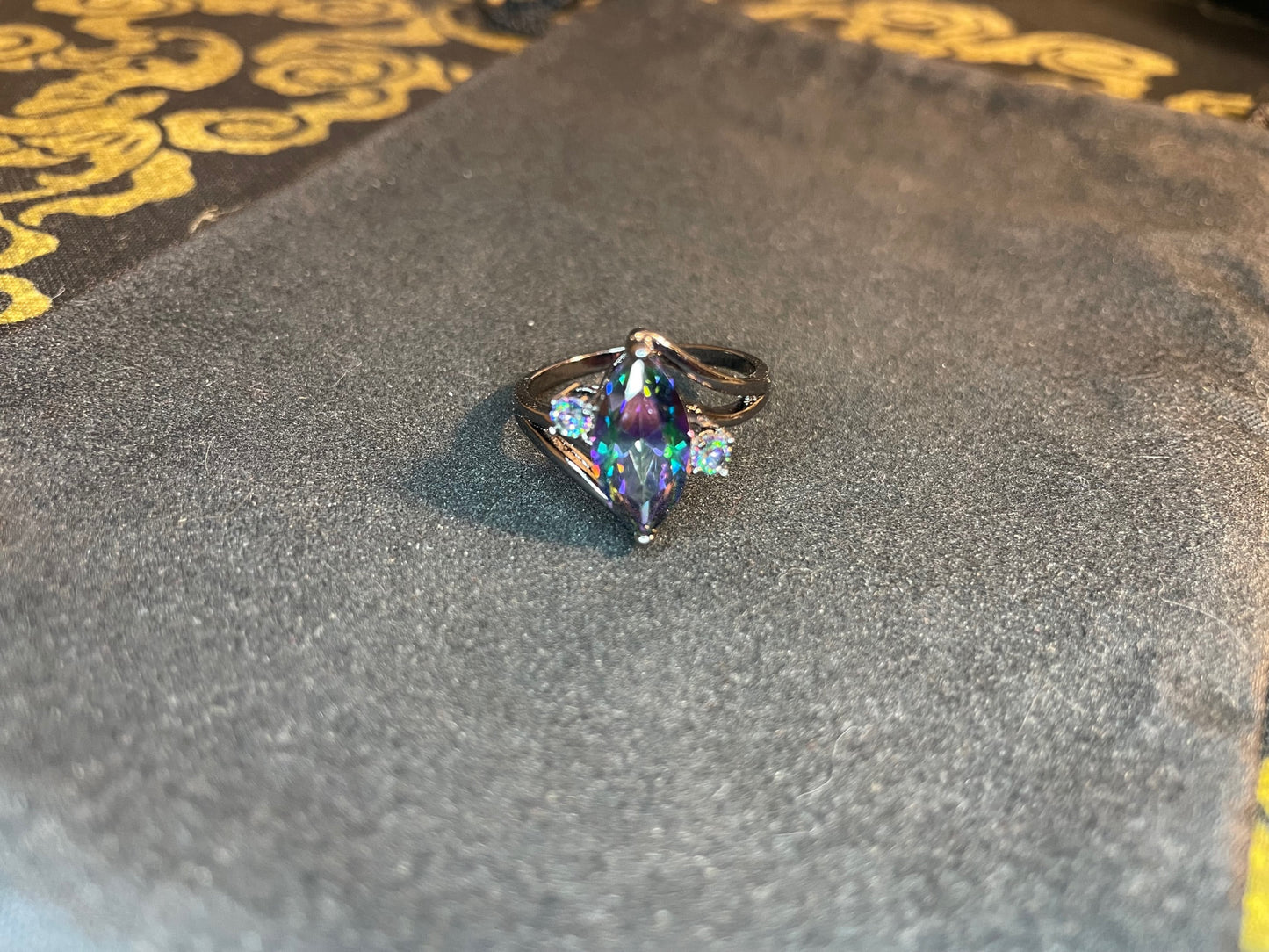 Rainbow Prismatic Diamond Zircon Black Gold Ring Band Gothic Promise Wedding Satanic Church Wiccan Occult Jewelry Best Gift - Women's