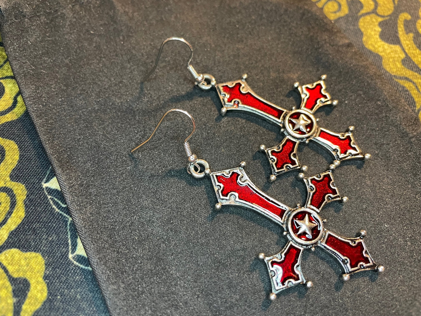 Red Crimson Bloody Inverted Upside Down Cross Pendant Earrings Star Vintage Gothic Satanic Pagan Wiccan Occult Jewelry Best Gift - Silver