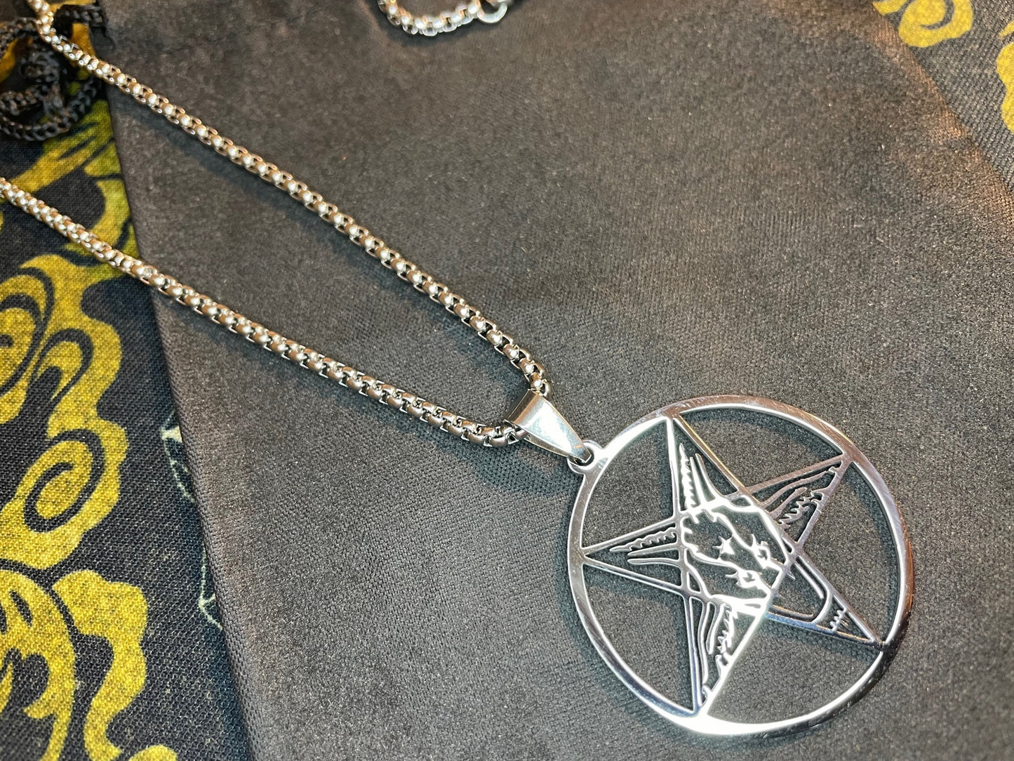 Sigil of Baphomet Satanic Church Upside Down Inverted Pentagram Stainless Steel Pendant Necklace Gothic Pagan Occult Jewelry Gift - Silver