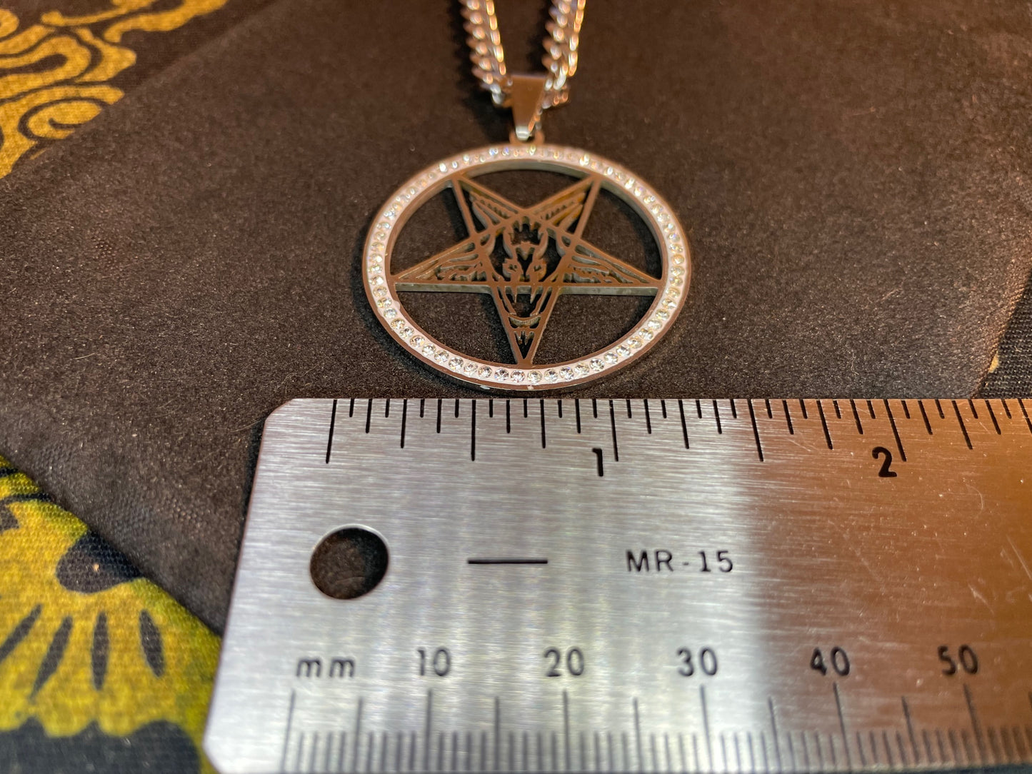 Sigil of Baphomet Church of Satan Upside Down Inverted Pentagram Stainless Steel Pendant Necklace Satanic Occult Jewelry - Silver & Diamond