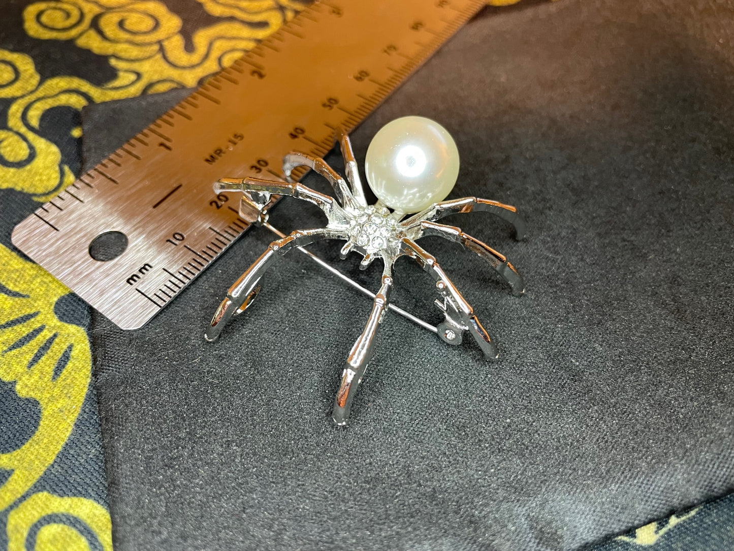 White Pearl Diamond Encrusted Venomous Widow Spider Web Stainless Steel Lapel Pin Brooch Corsage Satanic Gothic Pagan Wiccan Gift - Silver