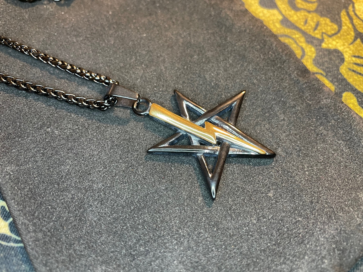 Anton LaVey Pentagram Church of Satan Lightning Bolt Stainless Steel Pendant Necklace Satanic Wicca Pagan Occult Jewelry Gift - Black & Gold