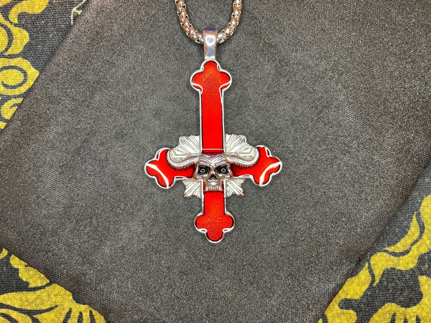 Upside Down Inverted Cross Horned Skull Stainless Steel Pendant Necklace Biker Gothic Satanic Church Wiccan Occult Jewelry Best Gift - Red