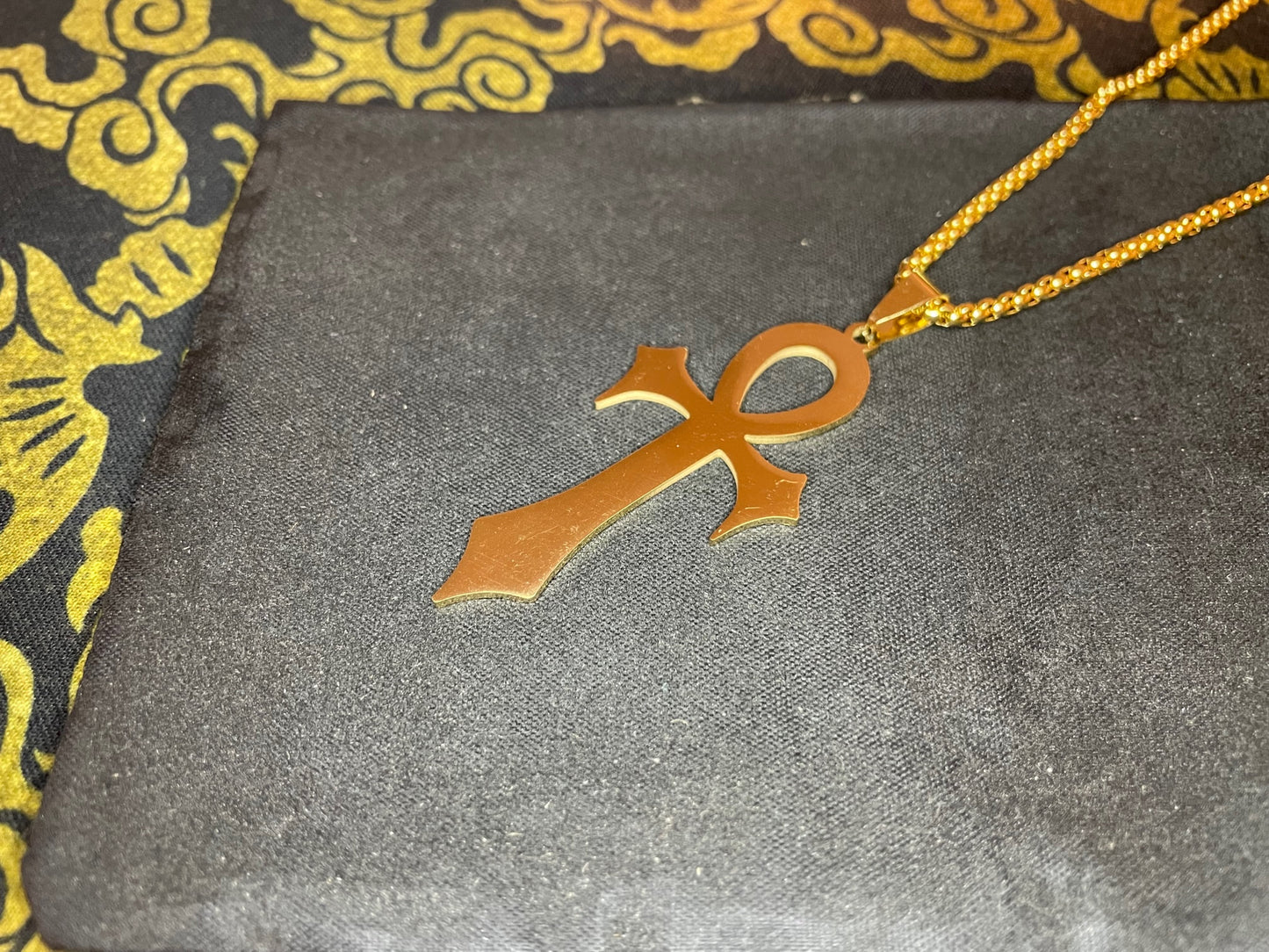 Fanged Egyptian Ankh Cross Key of Life Hieroglyphic Stainless Steel Pendant Necklace Gothic Pagan Satanic Wiccan Occult Jewelry Gift - Gold