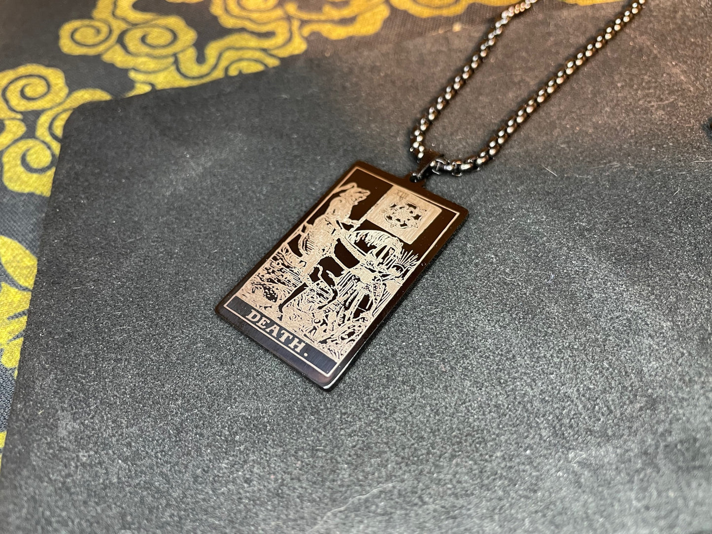 Death Tarot Card Necklace Rider Waite Deck Laser Engraved Stainless Steel Pendant Gothic Pagan Wiccan Satanic Occult Accessory Gift - Black