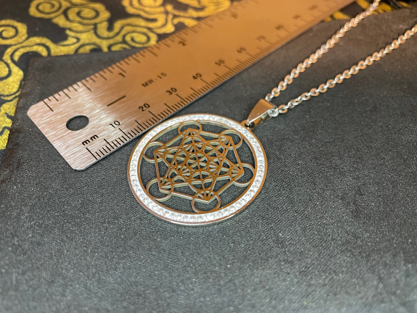 Metatron's Cube Flower of Life Sacred Geometry Yoga Hindu Buddhism Stainless Steel Pendant Necklace Occult Jewelry -  Silver & White Diamond