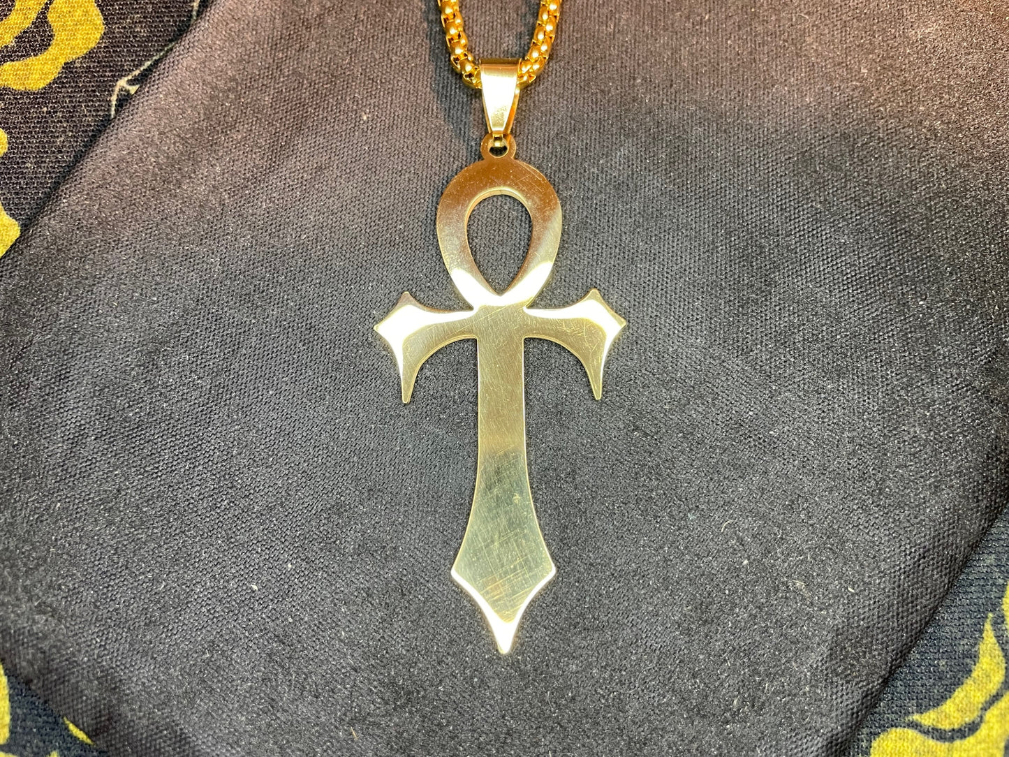 Fanged Egyptian Ankh Cross Key of Life Hieroglyphic Stainless Steel Pendant Necklace Gothic Pagan Satanic Wiccan Occult Jewelry Gift - Gold