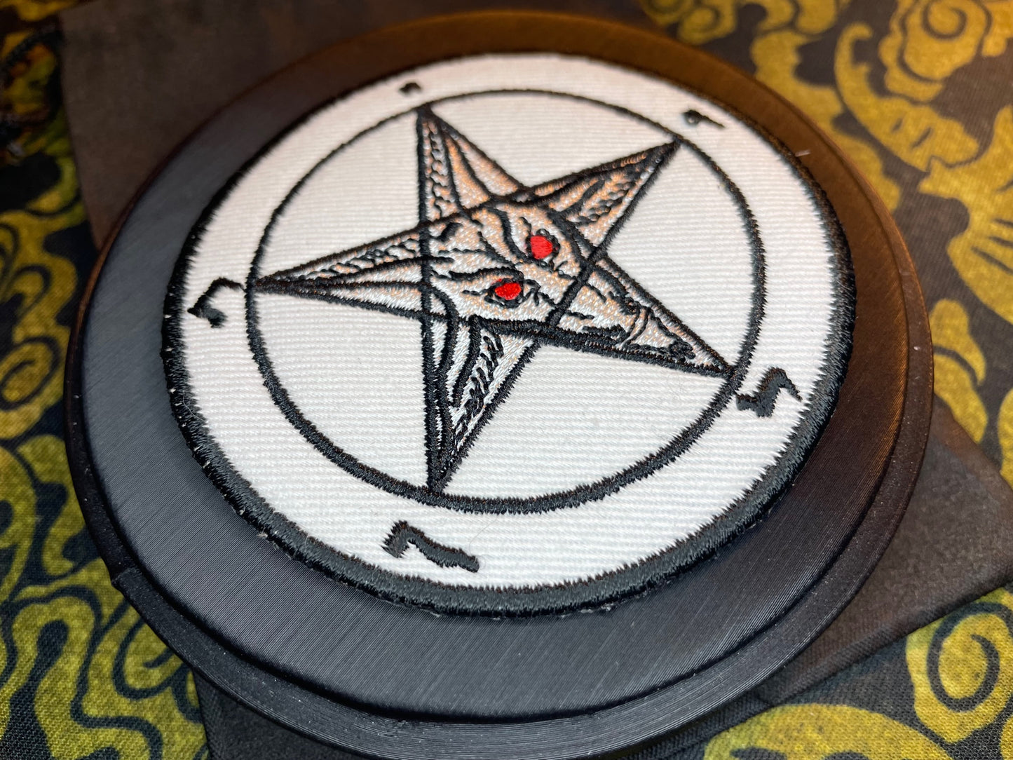 Sigil of Baphomet Embroidered Fabric Iron-On Patch Red Eyes Washable Non-Toxic Church of Satan Gothic Satanic Wiccan Occult - White & Black