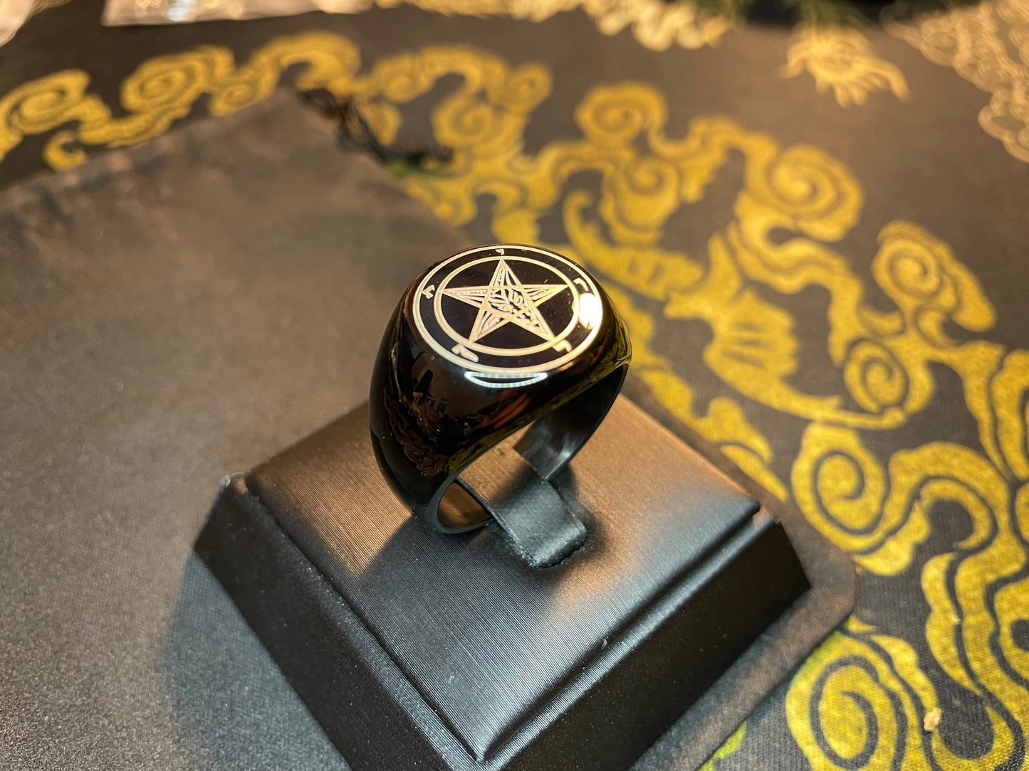 Sigil of Baphomet Church of Satan Inverted Pentagram Stainless Steel Statement Ring Pagan Wiccan Satanic Occult Jewelry Gift - Black & Gold