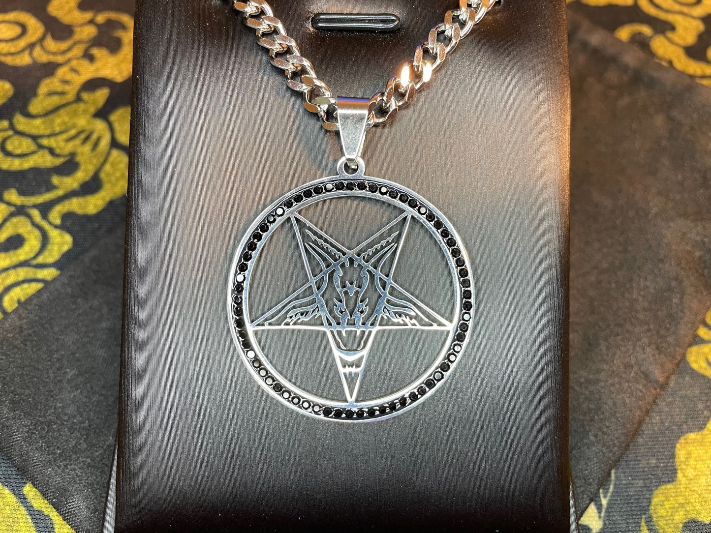 Sigil of Baphomet Church of Satan Upside Down Inverted Pentagram Stainless Steel Pendant Necklace Satanic Jewelry - Silver & Black Diamond