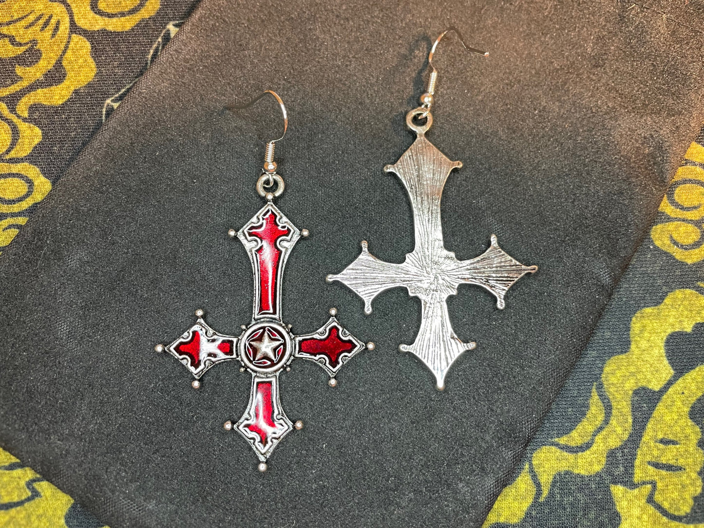 Red Crimson Bloody Inverted Upside Down Cross Pendant Earrings Star Vintage Gothic Satanic Pagan Wiccan Occult Jewelry Best Gift - Silver