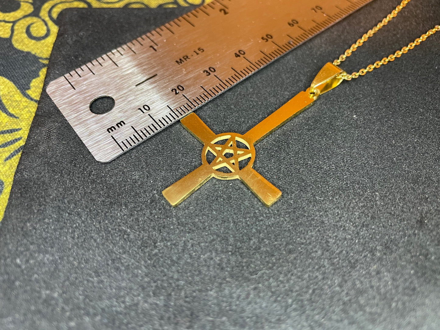 Upside Down Cross Inverted Pentagram Stainless Steel Pendant Necklace Modern Gothic Wiccan Pagan Satanic Church Occult Jewelry Gift - Gold