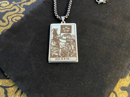 Death Tarot Card Necklace Rider Waite Deck Laser Engraved Stainless Steel Pendant Gothic Pagan Wiccan Satanic Occult Accessory Gift - Silver