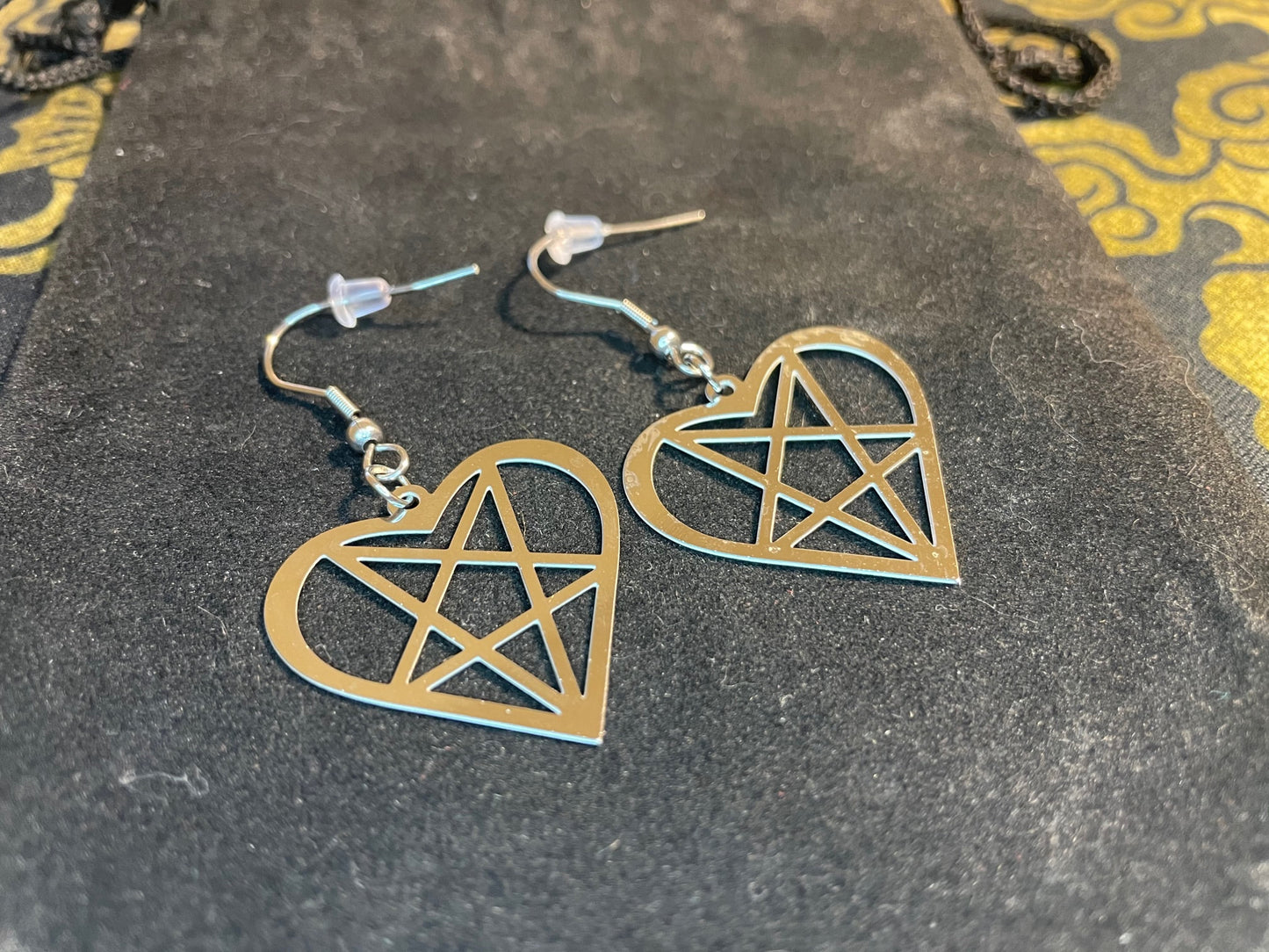 Satan's Heart Heartagram Inverted Pentagram Upside Down Stainless Steel Pendant Earrings Gothic Pagan Satanic Wiccan Best Gift - Silver