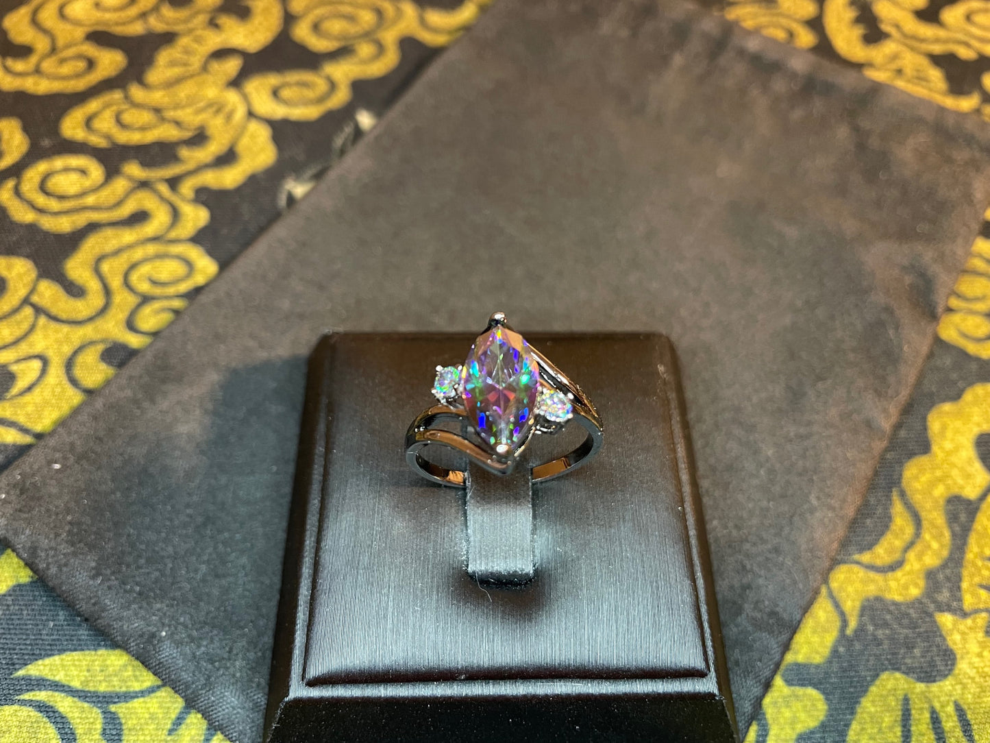 Rainbow Prismatic Diamond Zircon Black Gold Ring Band Gothic Promise Wedding Satanic Church Wiccan Occult Jewelry Best Gift - Women's