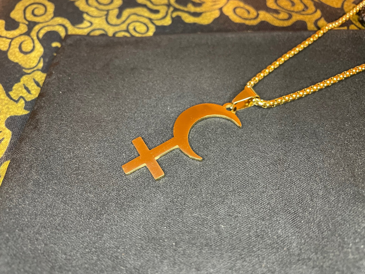 Lilith Symbol Crescent Moon Inverted Upside Down Cross Stainless Steel Necklace Gothic Pagan Satanic Wiccan Occult Jewelry Best Gift - Gold