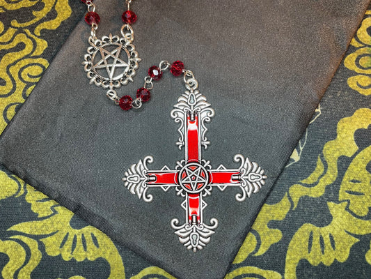 Satanic Rosary Inverted Pentagram Ornate Upside Down Cross 666 Stainless Steel Pendant Wiccan Occult Necklace Jewelry Gift - Silver & Red