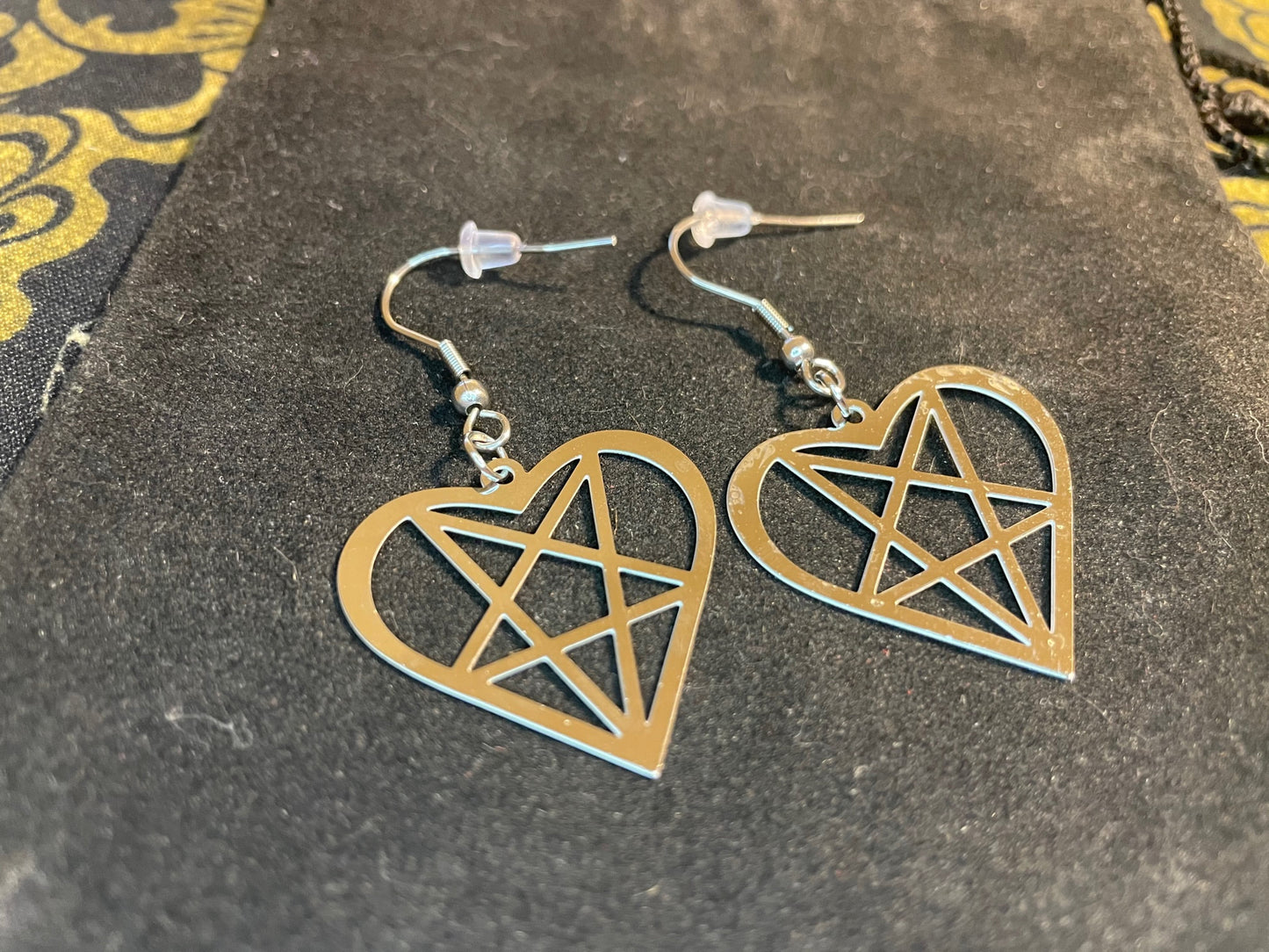 Satan's Heart Heartagram Inverted Pentagram Upside Down Stainless Steel Pendant Earrings Gothic Pagan Satanic Wiccan Best Gift - Silver