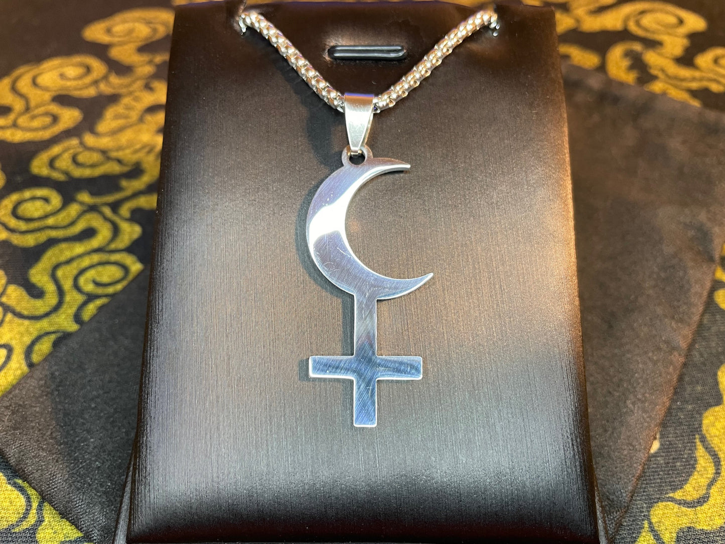 Lilith Symbol Crescent Moon Inverted Upside Down Cross Stainless Steel Necklace Gothic Pagan Satanic Wiccan Occult Jewelry Gift - Silver