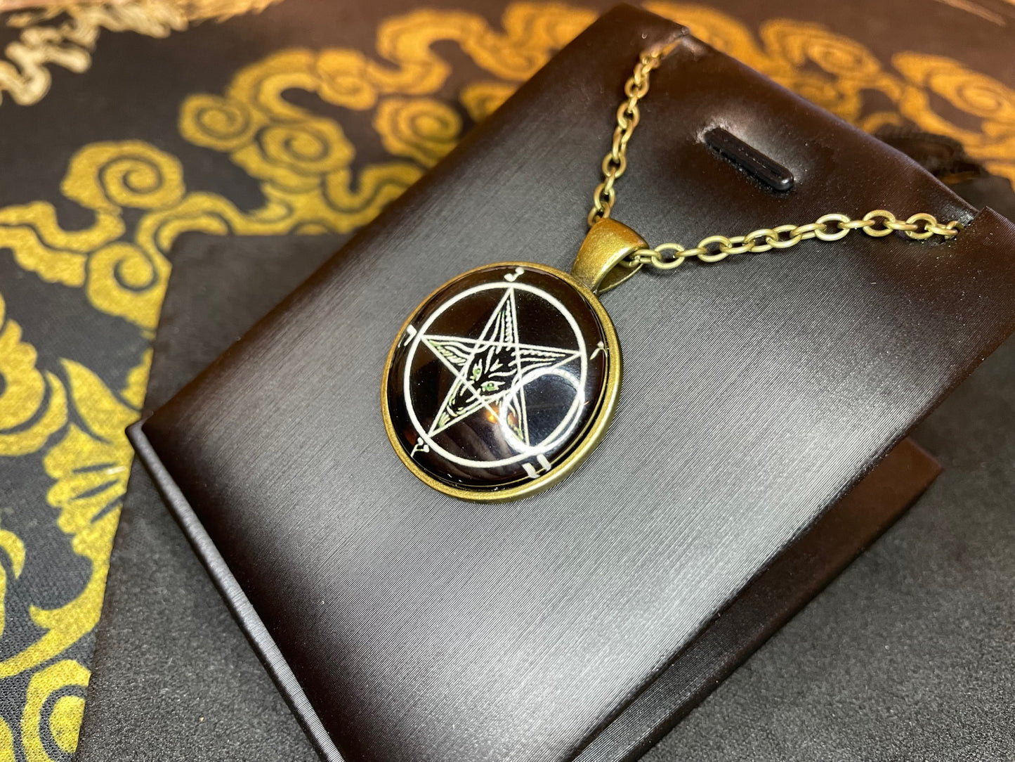 Sigil of Baphomet Pentagram Church of Satan Lucifer Glass Stainless Steel Pendant Necklace Satanic Wiccan Pagan Occult Jewelry Gift - Bronze