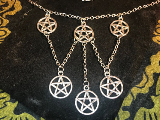 Six Pentacles Pentagram 5-Pointed Star Stainless Steel Pendant Necklace Satanic Church Pagan Gothic Wiccan Occult Jewelry Gift - Silver