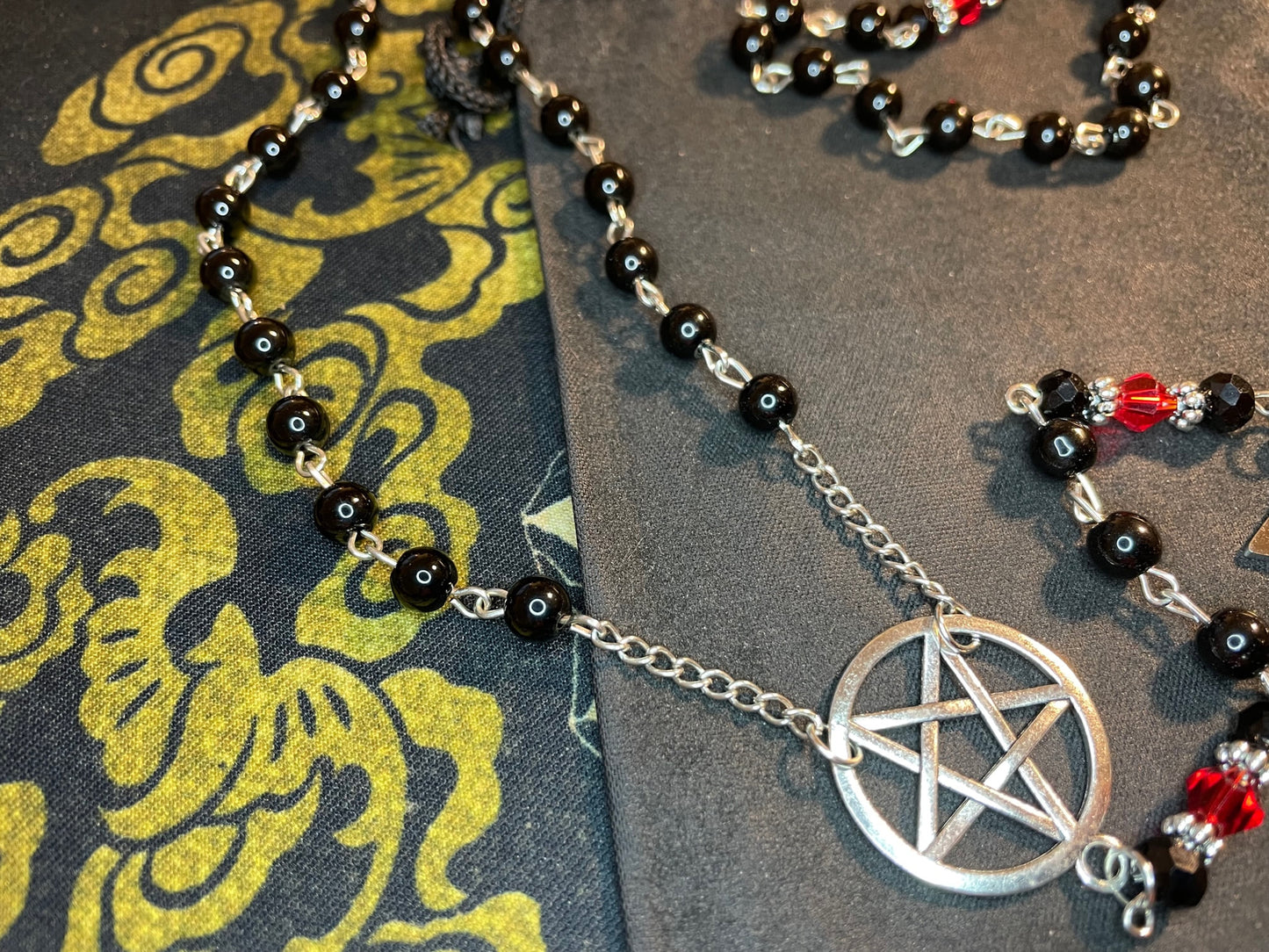 Satanic Rosary Inverted Upside Down Pentagram Sigil of Lucifer Pendant Necklace Small Bead Wiccan Occult Jewelry Gift - Silver, Black, & Red