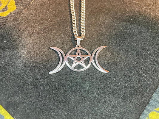 Wiccan Triple Moon Goddess Crescent Moon Pentagram Pentacle Stainless Steel Pendant Necklace Pagan Satanic Occult Jewelry Gift - Silver