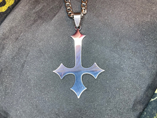 Gothic Inverted Upside Down Cross Stainless Steel Pendant Necklace Vintage Satanic Church Pagan Wiccan Occult Jewelry Best Gift - Silver