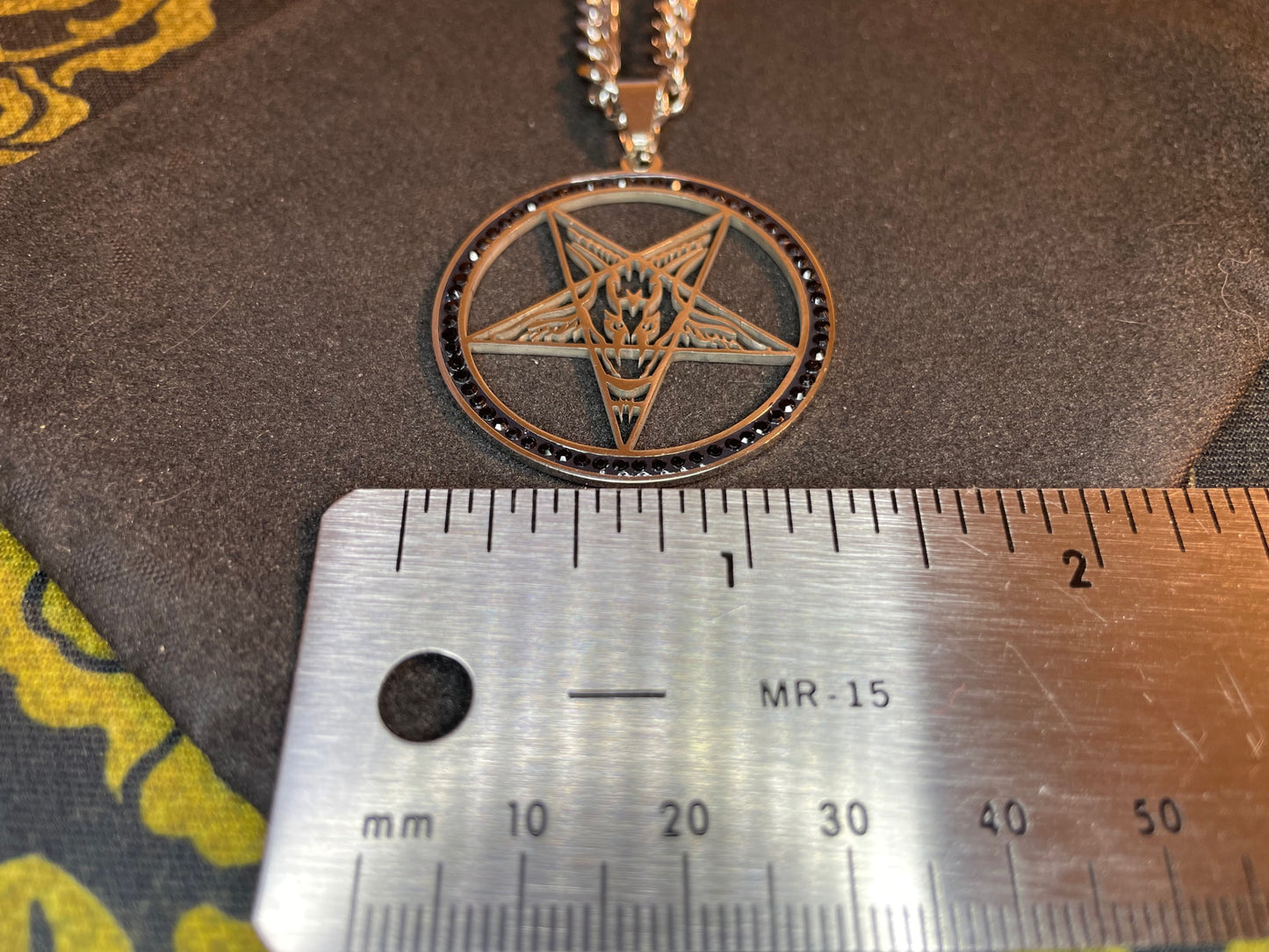 Sigil of Baphomet Church of Satan Upside Down Inverted Pentagram Stainless Steel Pendant Necklace Satanic Jewelry - Silver & Black Diamond