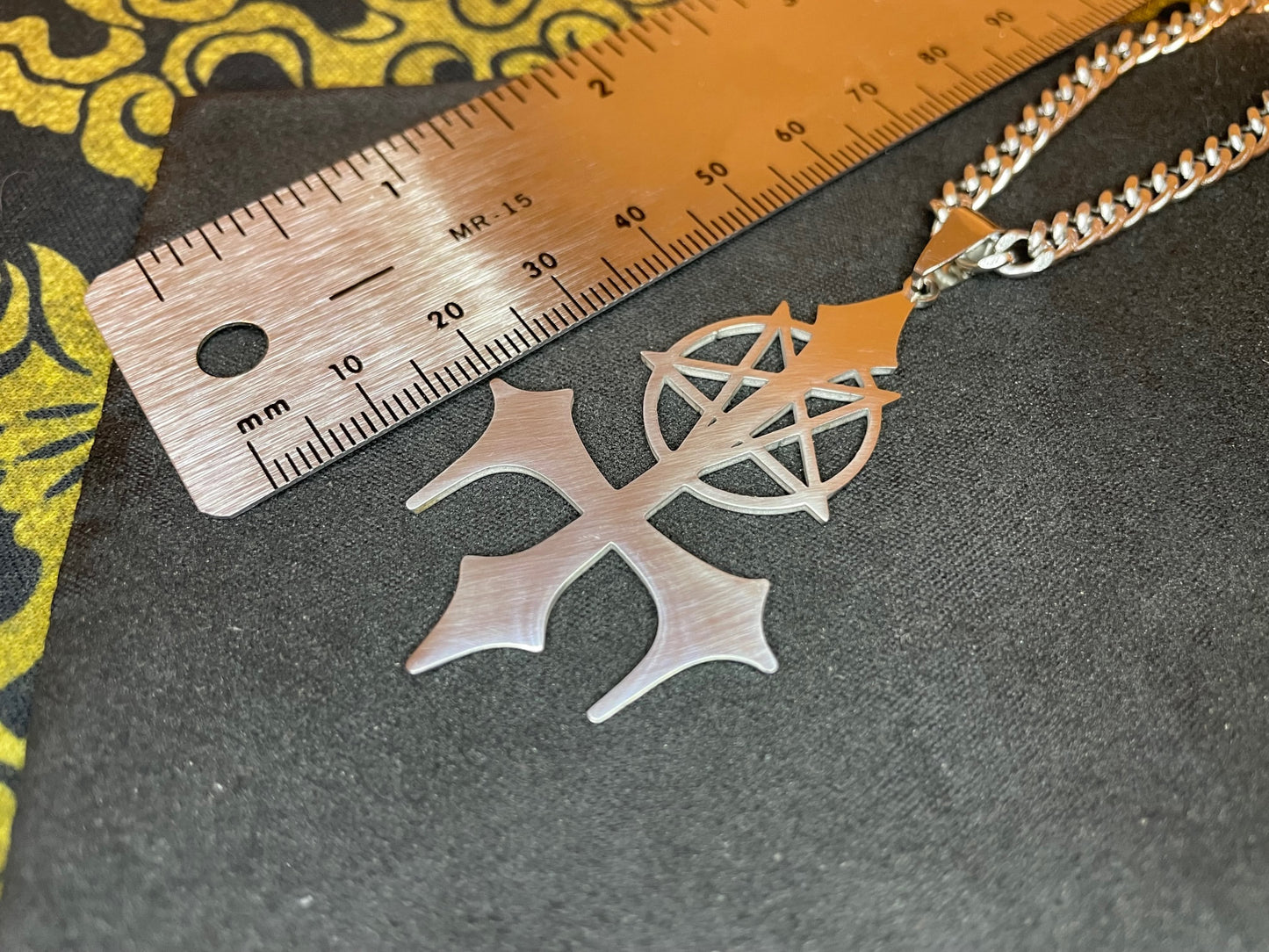 Vampire Fang Upside Down Cross Inverted Pentagram Stainless Steel Pendant Necklace Gothic Satanic Church Wiccan Occult Jewelry Gift - Silver