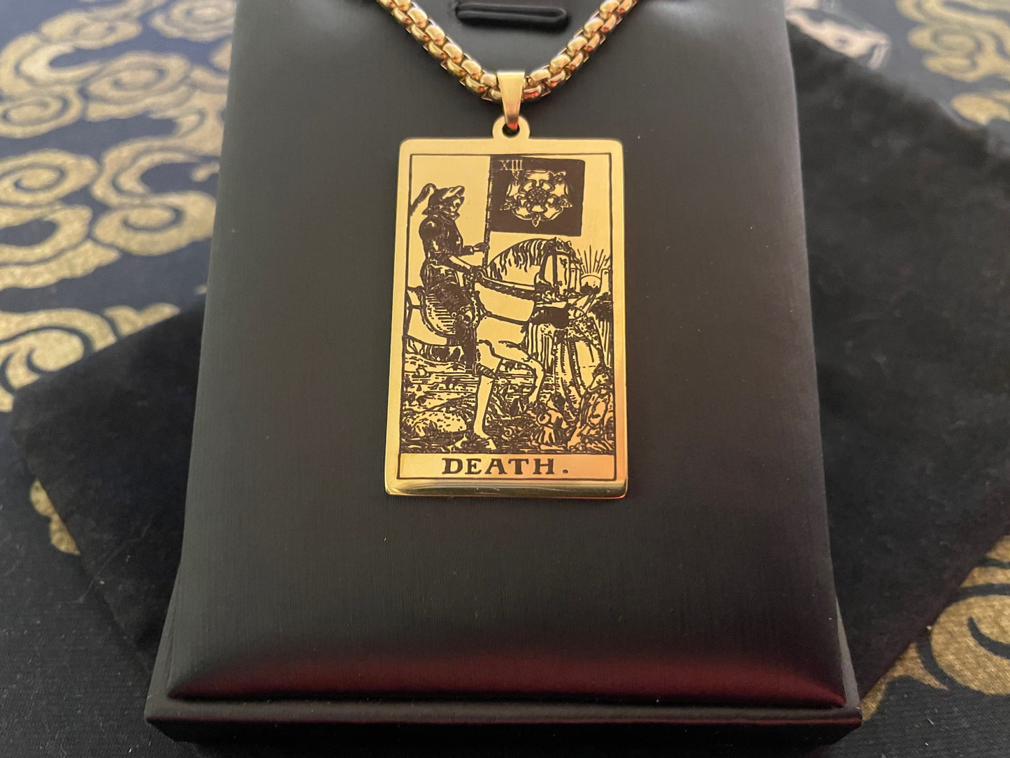 Death Tarot Card Necklace Rider Waite Deck Laser Engraved Stainless Steel Pendant Gothic Pagan Wiccan Satanic Occult Accessory Gift - Gold