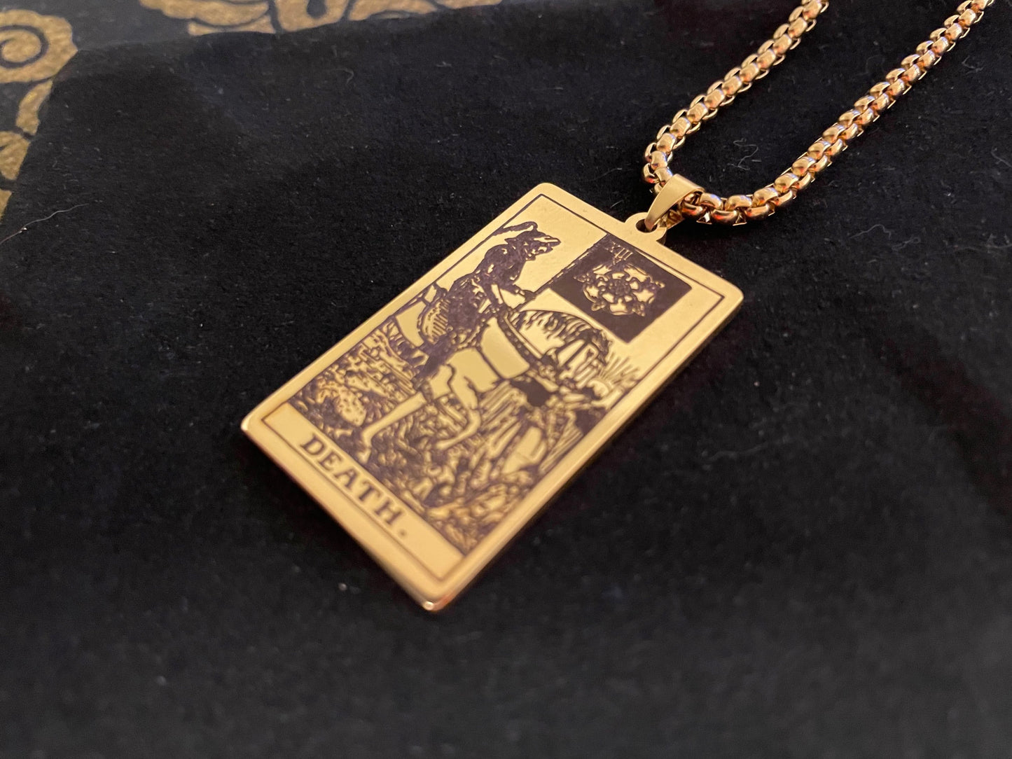 Death Tarot Card Necklace Rider Waite Deck Laser Engraved Stainless Steel Pendant Gothic Pagan Wiccan Satanic Occult Accessory Gift - Gold