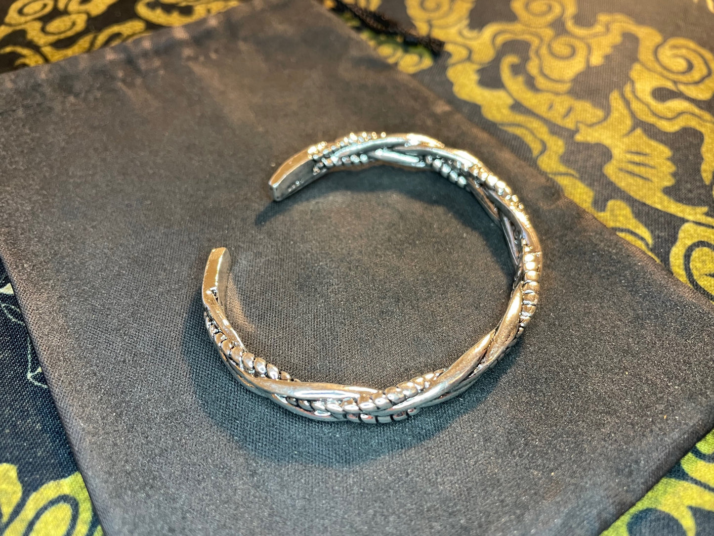 Sterling Silver 925 Bangle Cuff Woven Design Adjustable Bracelet Gothic Pagan Satanic Church of Satan Wiccan Occult Jewelry Gift - Silver